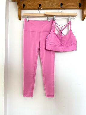 Pink Activewear/ Yoga Set - High Waist Leggings & Strappy Sports Bra